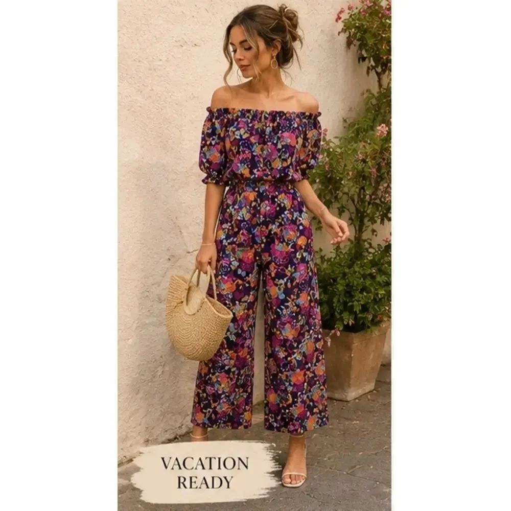 SALONI Off-The-Shoulder Floral silk Jumpsuit Purple Multi Print Size US 6